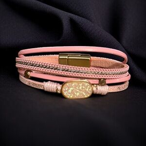 Multi strand pink leather iridescent druzy bracelet